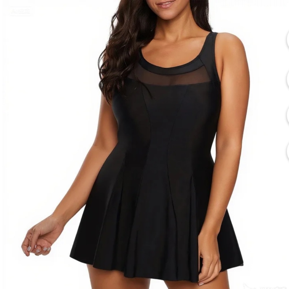 Zando NWOT women’s modest swim-dress hollow built in boy shorts black